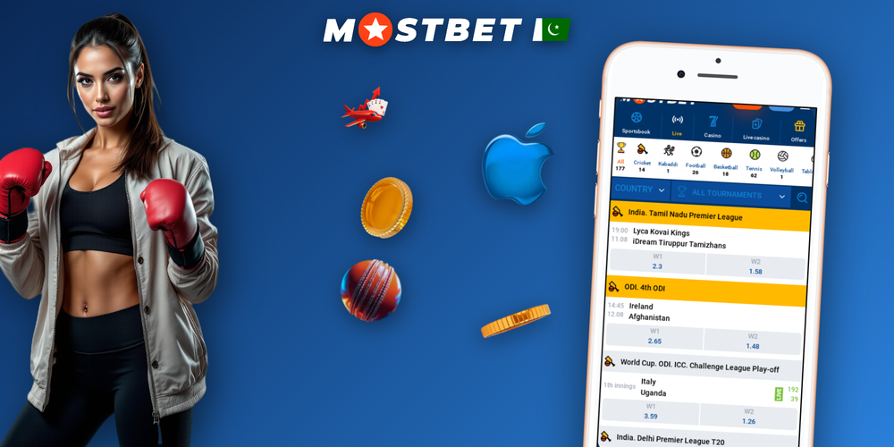 Download Mostbet app banner showing cricket odds, slot games and deposit screen on three phones