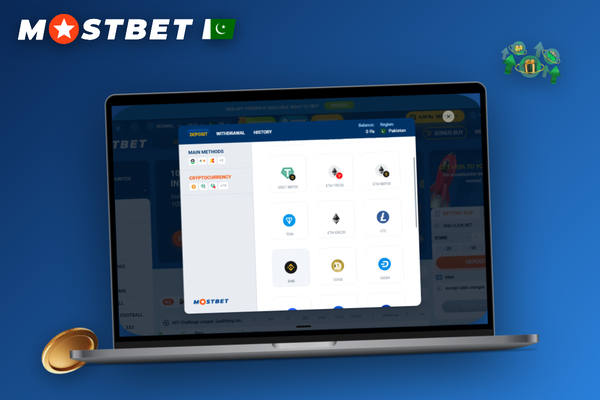 How to deposit money in Mostbet using crypto showing a network dropdown on a laptop screen