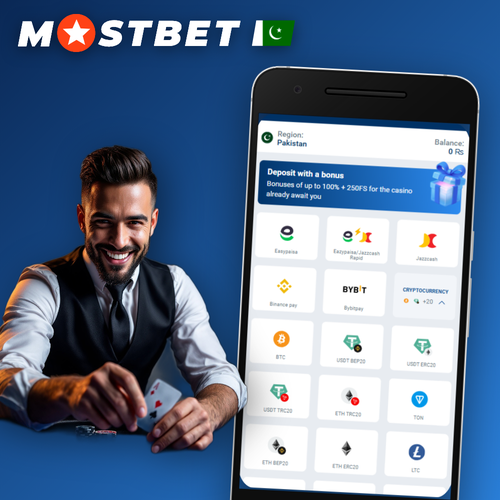 Mostbet minimum deposit screen showing PKR balance with JazzCash Easypaisa Visa and USDT icons