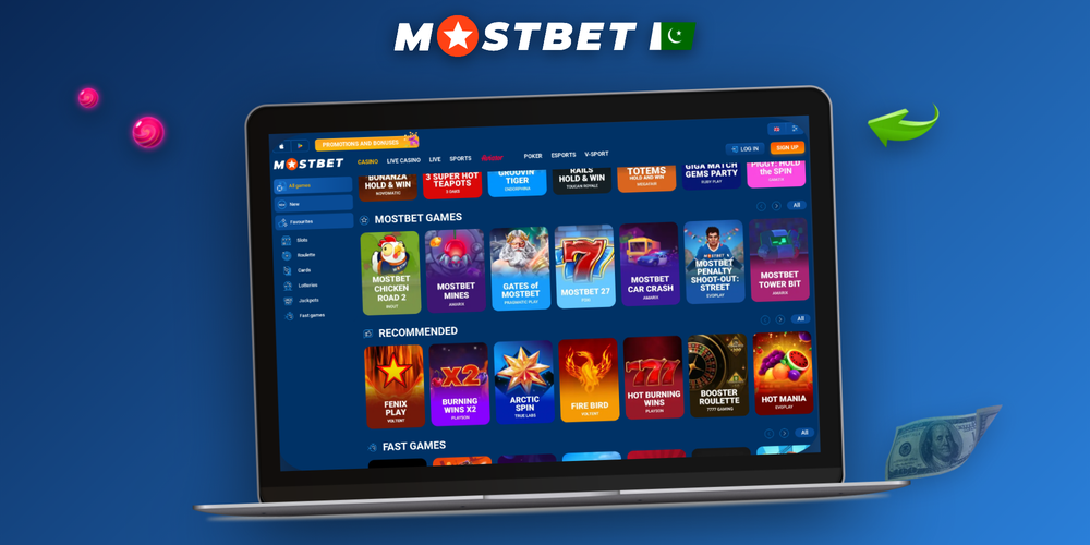 Mostbet online casino desktop lobby with slot tiles, live blackjack and search bar