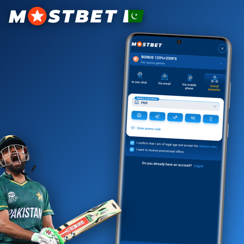 Mostbet register screen on a mobile phone with sign-up form in Pakistan