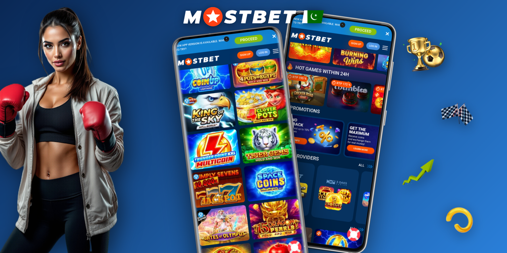 Mostbet casino bonus banner with PKR coins and 125% welcome match on dark navy